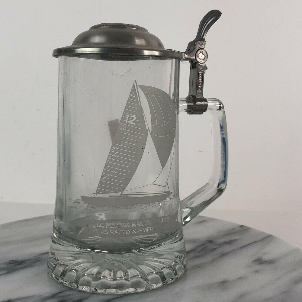 VTG ALWE  Etched Glass Sailboat Beer Stein Mug 12
